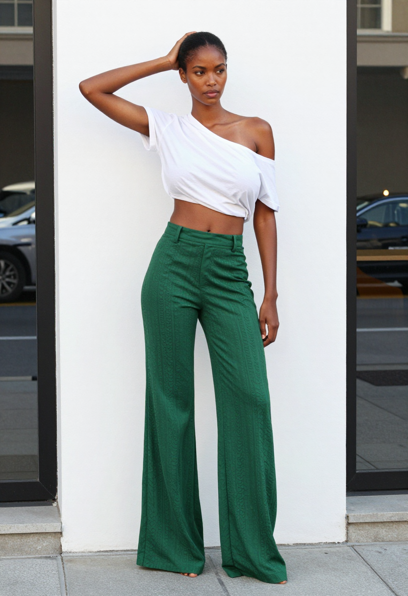 White Off Shoulder Crop Top And Green Wide Leg Pants