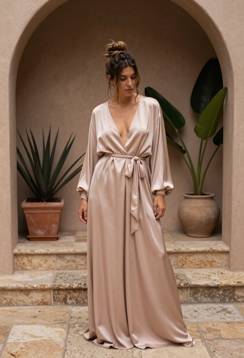 Beige Satin Wrap Dress With Long Sleeves