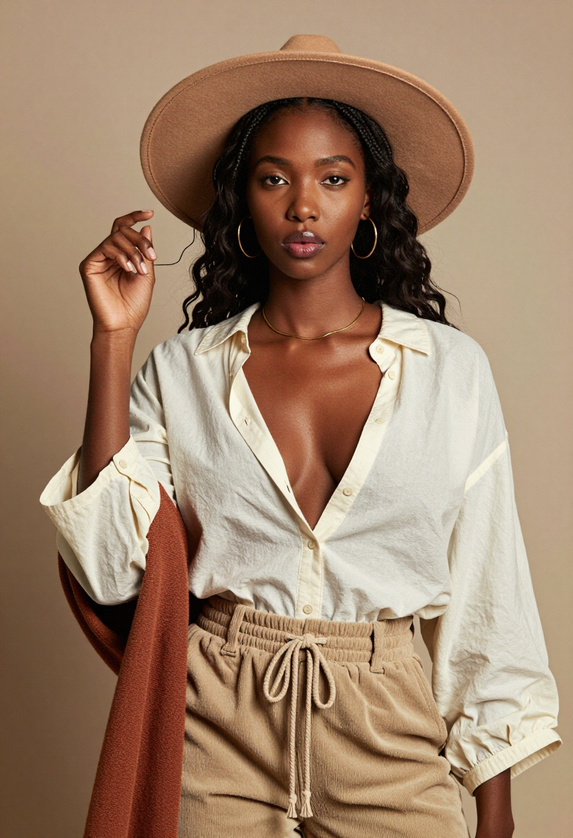 Beige Wide Brim Hat And Cream Button Down Shirt