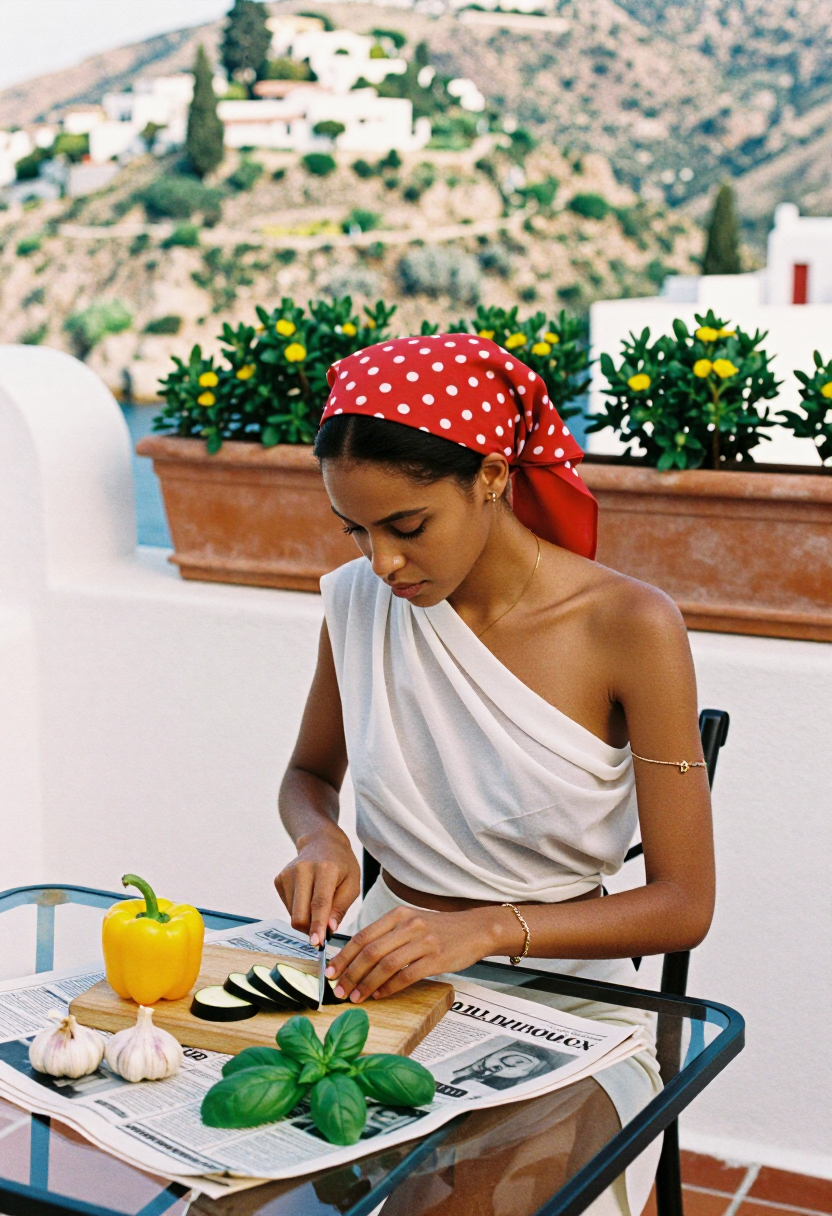 Red Polka Dot Headscarf And White One Shoulder Top