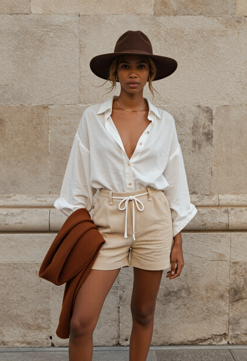 White Button Down Shirt And Beige Corduroy Shorts With Brown