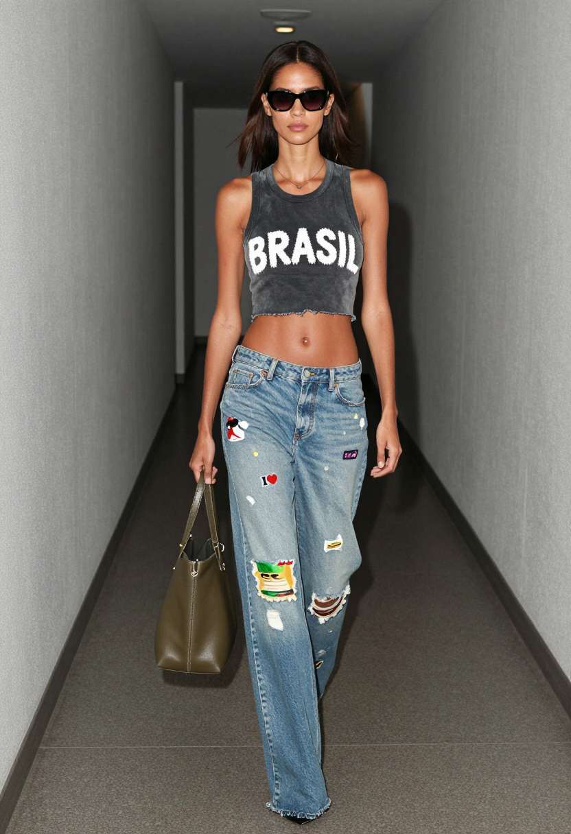 Grey Graphic Tank And Blue Patchwork Jeans