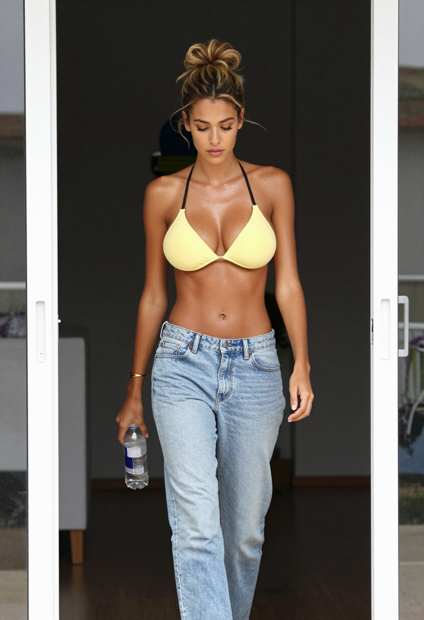 Yellow Halter Bikini Top And Light Blue Jeans