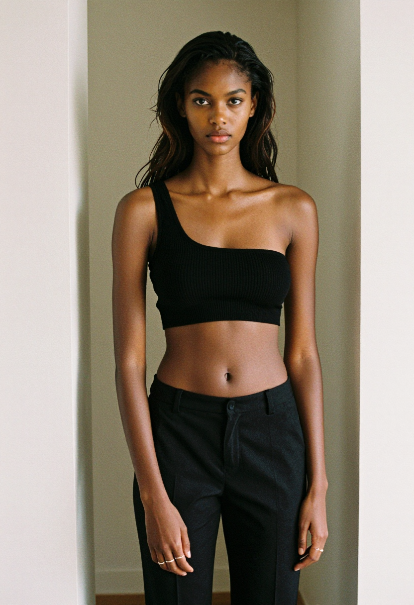 hv-clean lines-Black Ribbed Crop Top And Black Trousers