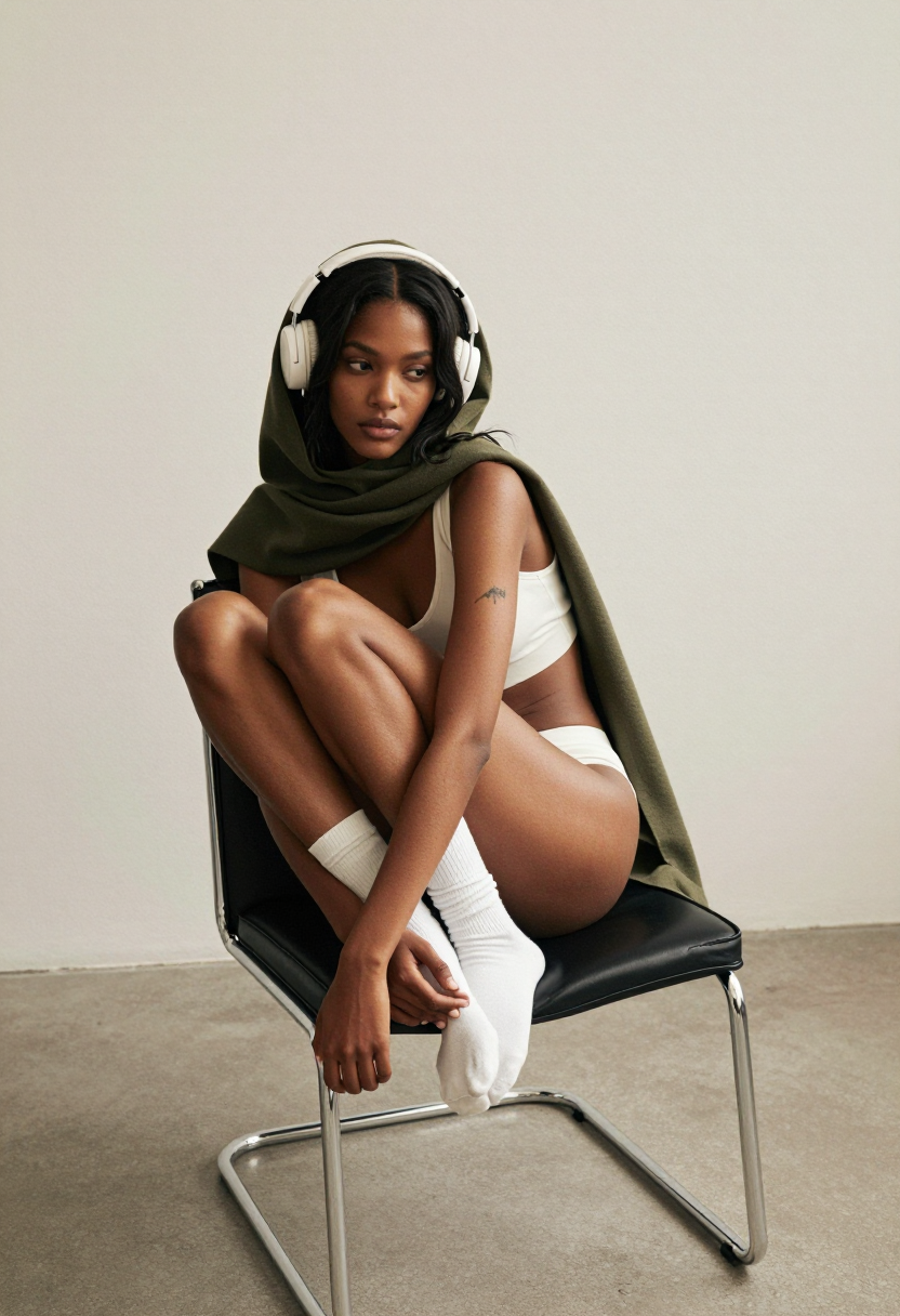 hv-White Headphones And Olive Green Hooded Blanket White Sports Bra