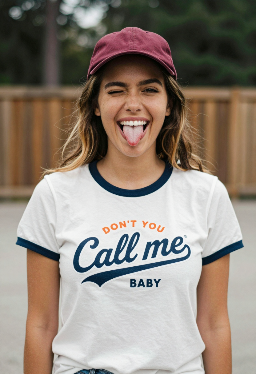 White Ringer Tee With Navy Trim And Maroon Baseball Cap