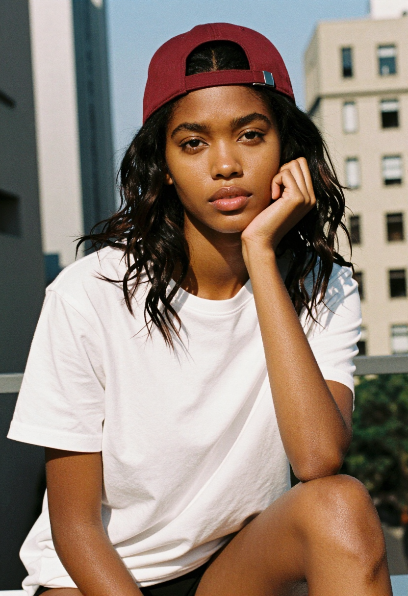 White T Shirt And Burgundy Baseball Cap