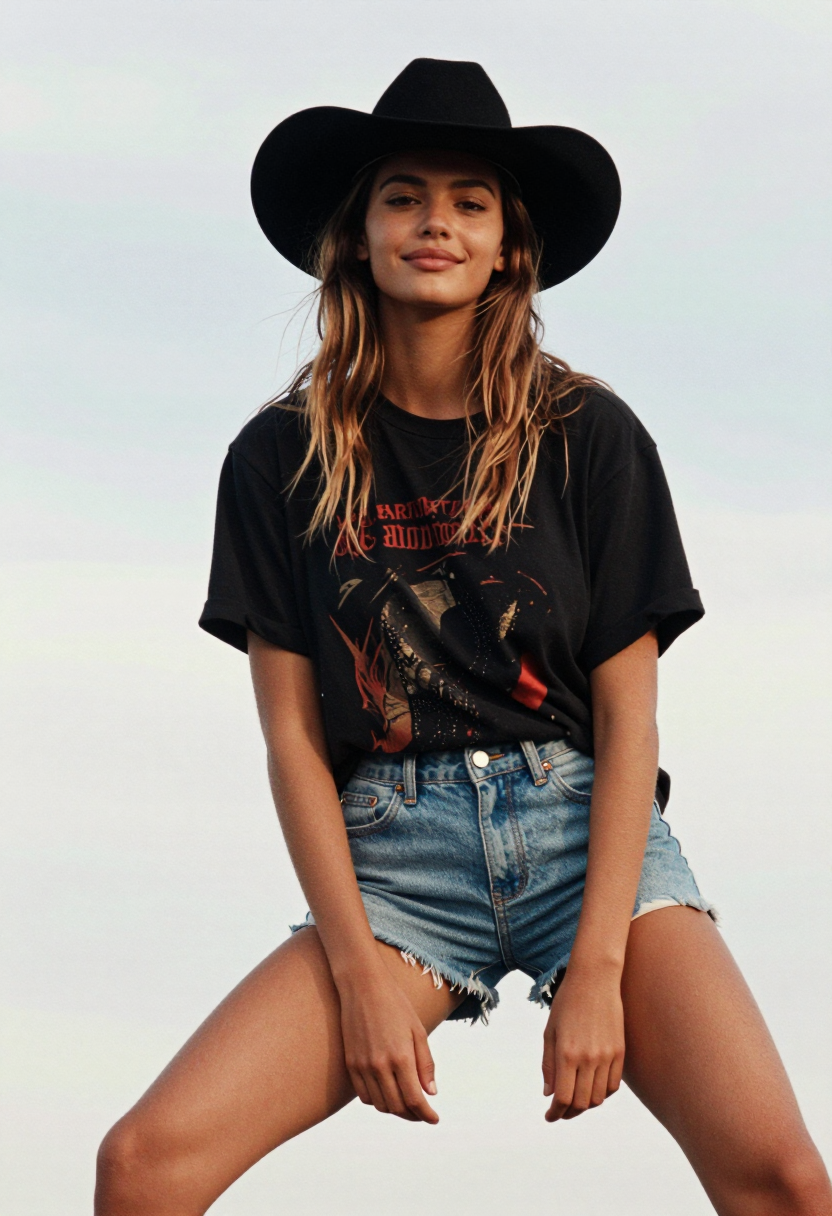 Black Graphic Tee And Blue Denim Shorts With Black Hat